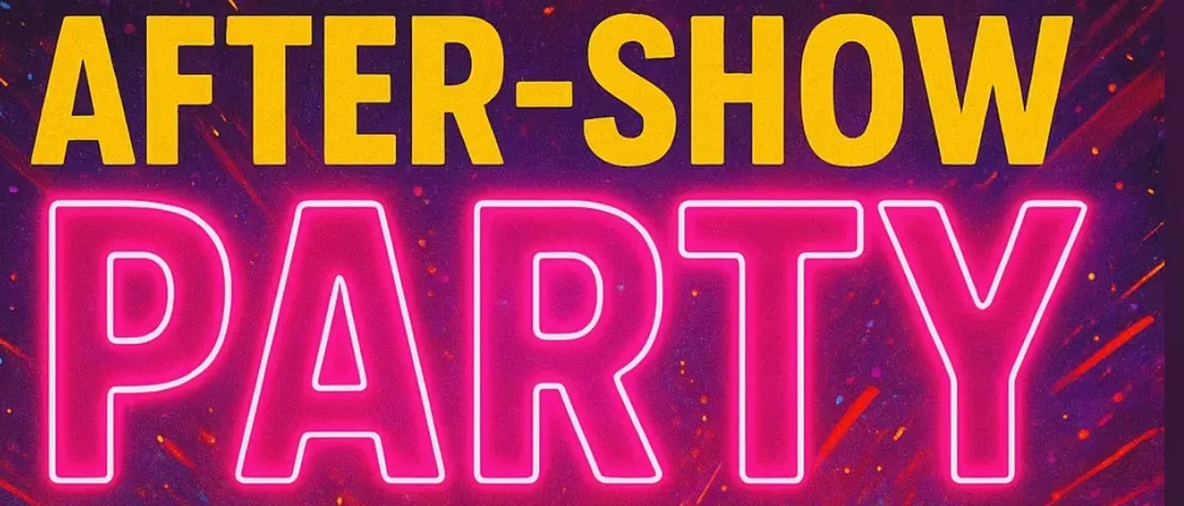 Ein Plakat für eine After-Show-Party in Langenwang, Österreich, mit einem lebhaften Hintergrund, einem Zelt und Silhouetten einer Menge.