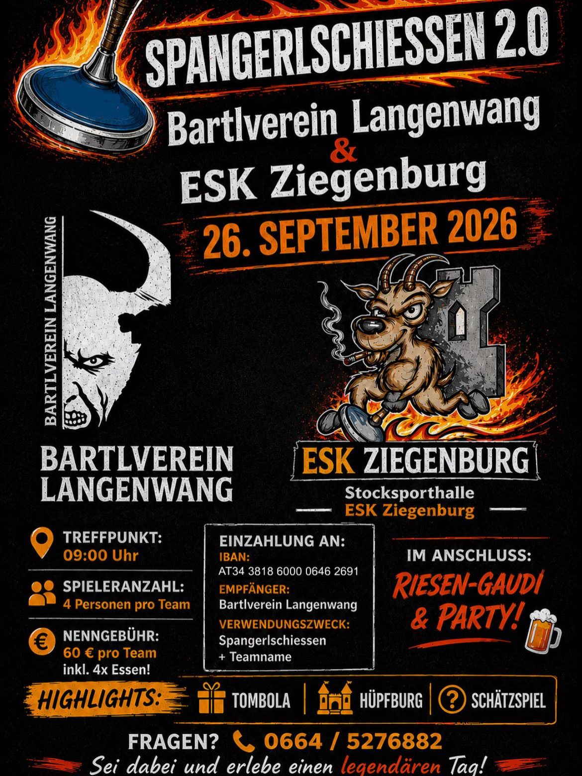 Veranstaltungsplakat für Bartlverein Langenwang und ESK Ziegenburg. Geplant für den 26. September 2026. Details umfassen Treffzeit, Zahlung und IBAN für Einzahlung. Ein Ziegenmascot und Flammen verleihen dem Plakat einen festlichen Touch.
