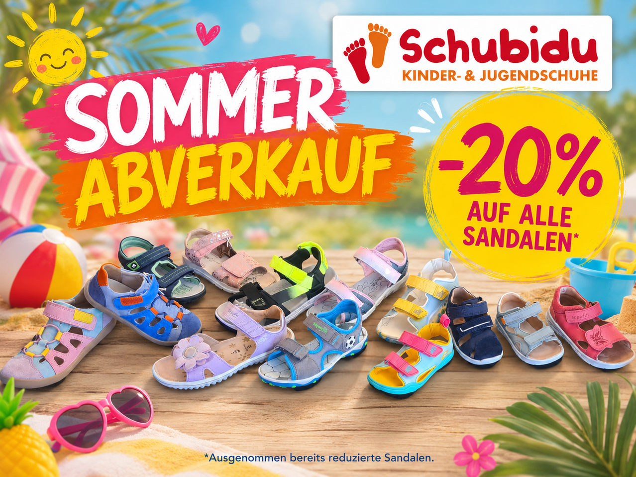 An advertisement for Schubi Kinder- und Jugendsandalen featuring a summer sale with a 20% discount on all sandals. Various sandals are displayed on a wooden surface.