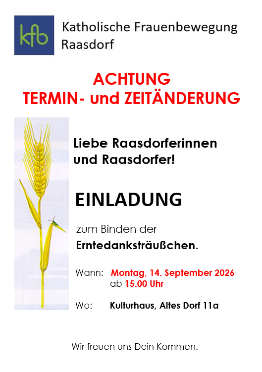 Poster for the Catholic Women's Movement in Raasdorf, Germany, announcing a change in date and time for an event. The poster features a wheat stalk and includes details about the event.