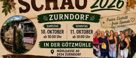 Plakat für Kleintier Schau Zurndorf 2026. Zeigt ein Gruppenfoto von Menschen, eine Gitarre und einen Marktstand. Termine sind 10. und 11. Oktober 2026. Ort ist Mühlgasse 40, Zurndorf.