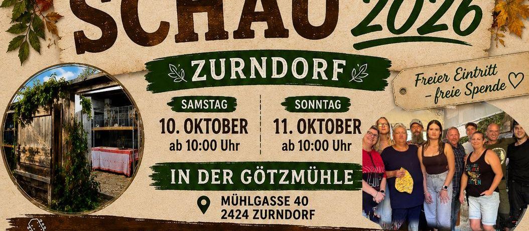 Plakat für Kleintier Schau Zurndorf 2026. Zeigt ein Gruppenfoto von Menschen, eine Gitarre und einen Marktstand. Termine sind 10. und 11. Oktober 2026. Ort ist Mühlgasse 40, Zurndorf.