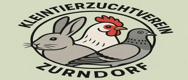 Ein kreisförmiges Logo mit drei Tieren: einem Kaninchen, einem Huhn und einer Taube, auf grünem Hintergrund mit dem Text 'Kleintierzuchtverein Zurndorf' darüber.