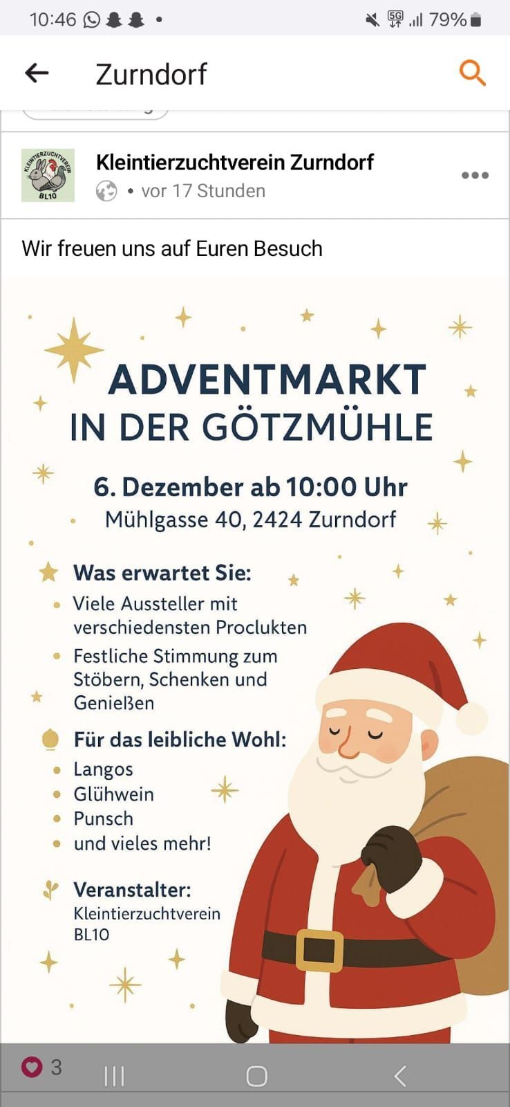 Plakat für den Adventmarkt in der Götzmühle am 6. Dezember ab 10:00 Uhr. Viele Aussteller mit verschiedenen Produkten. Festliche Stimmung zum Stöbern, Schenken und Genießen. Genießen Sie Glühwein und Langos.