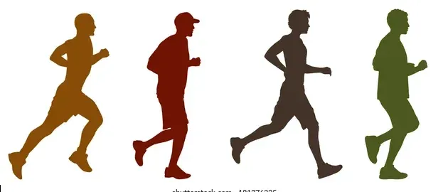 Vier männliche Silhouetten, die in verschiedenen Farben laufen: braun, dunkelbraun, schwarz und grün.