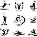 Eine Reihe von schwarzen und weißen Symbolen, die verschiedene Sportaktivitäten darstellen, einschließlich Werfen, Gewichtheben, Schwimmen, Golf, Radfahren und andere.