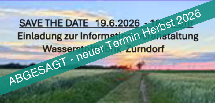 Plakat mit einem Feld und Himmel im Hintergrund, 'SAVE THE DATE' und '19.6.2026 - Herbst 2026', und 'ABGESAGT - neuer Termin Herbst 2026' in Fettschrift.