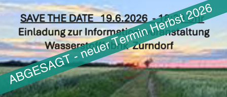 Poster with a field and sky in the background, 'SAVE THE DATE' and '19.6.2026 - Herbst 2026', and 'ABGESAGT - neuer Termin Herbst 2026' in bold.