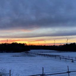 Eine verschneite Landschaft mit einem Sonnenuntergang im Hintergrund. Mehrere Windturbinen sind in der Ferne sichtbar. Der Himmel ist bewölkt, und es gibt einen Zaun im Vordergrund.