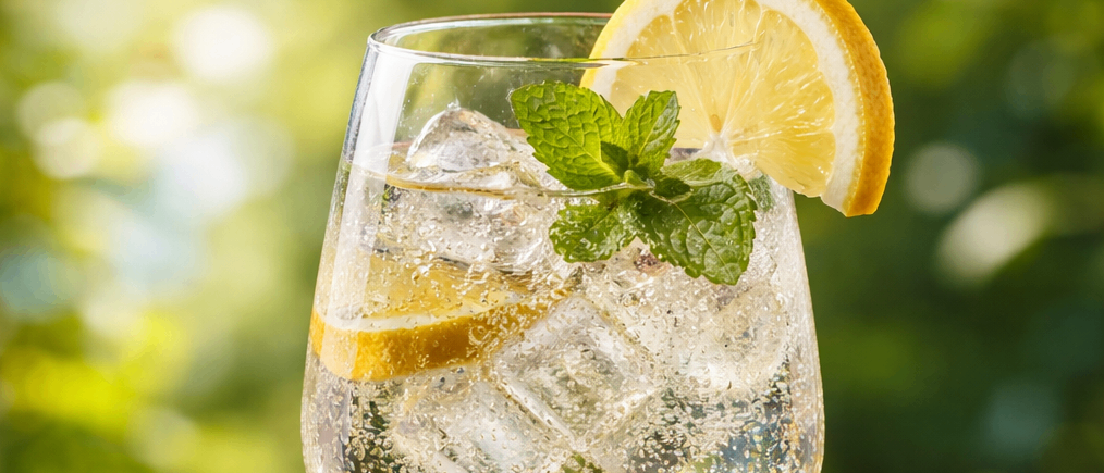 Ein hohes Weinglas mit Sprudelwasser, Eiswürfeln und Zitronenscheiben, garniert mit Minzblättern auf einem Holztisch mit Zitronen und Minzblättern darum herum.
