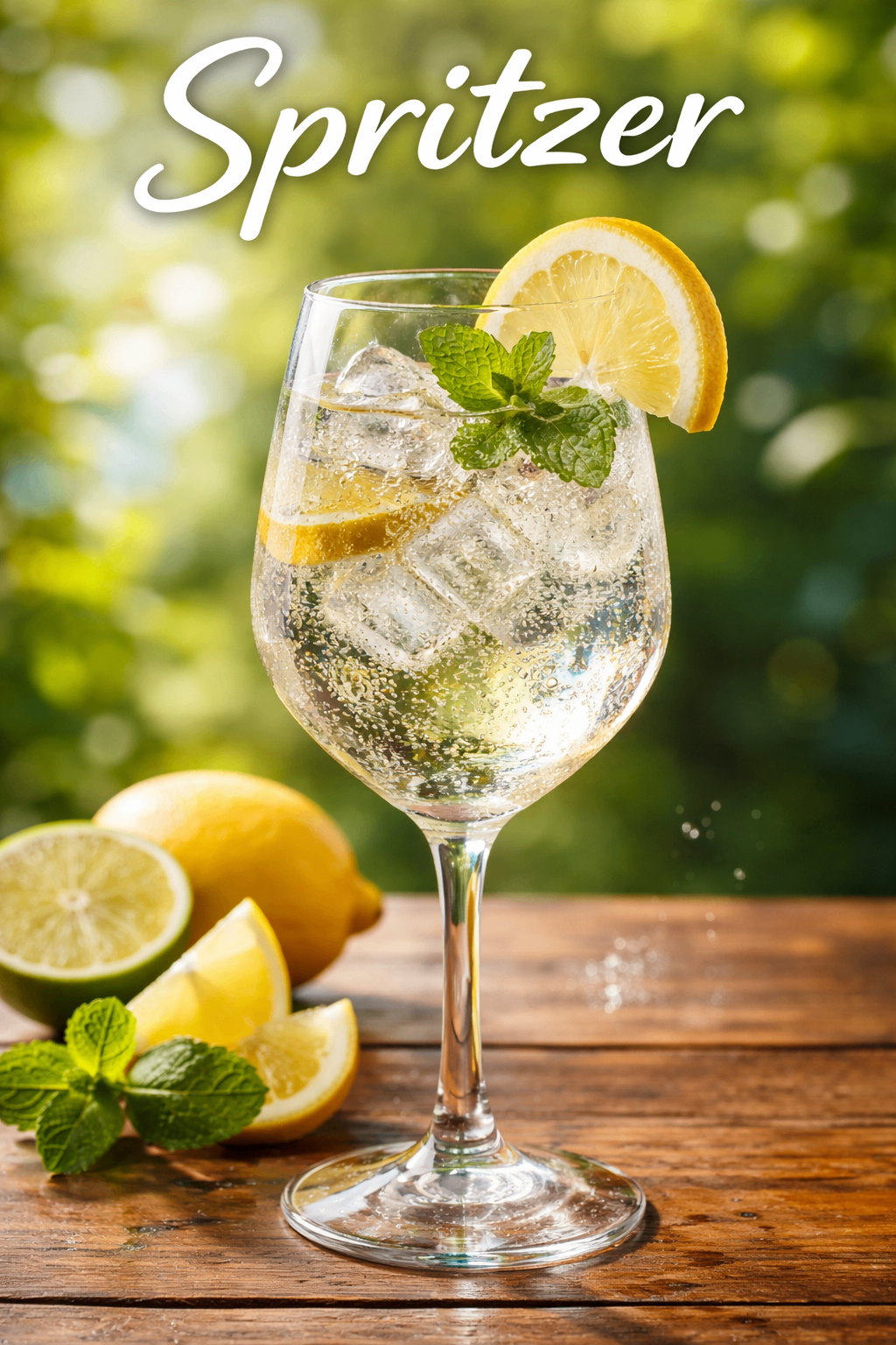 Ein hohes Glas mit klarem Getränk, Eis und Zitronenscheiben auf einem Holztisch mit einem Minzzweig.
