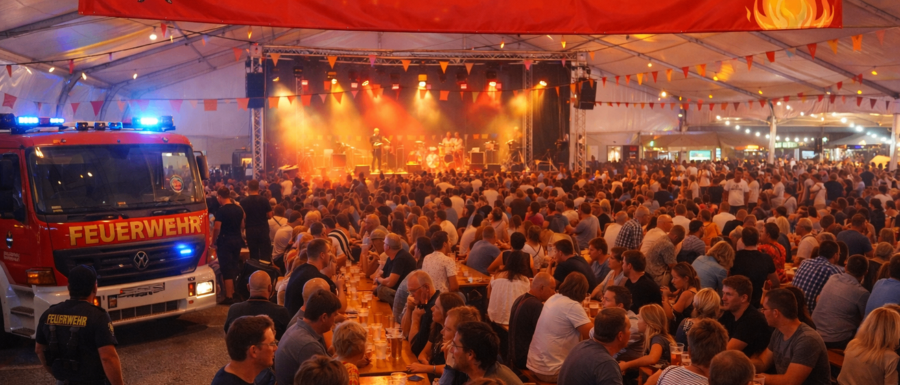 Eine große Menschenmenge versammelt sich unter einem Zelt bei einem Festival, mit einer Bühne, auf der eine Band auftritt. Ein Banner trägt die Aufschrift 'Feuerwehr Zeltfest'. Mit Getränken gefüllte Tische sind im ganzen Bereich verteilt, mit Leuten, die sitzen und die Veranstaltung genießen.