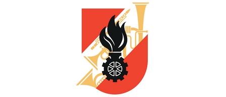Ein roter Schild mit einer Flamme in der Mitte, einem Zahnrad und zwei Trompeten an den Seiten. Die Flamme ist schwarz und das Zahnrad ist schwarz mit weißer Umrandung. Die Trompeten sind golden.