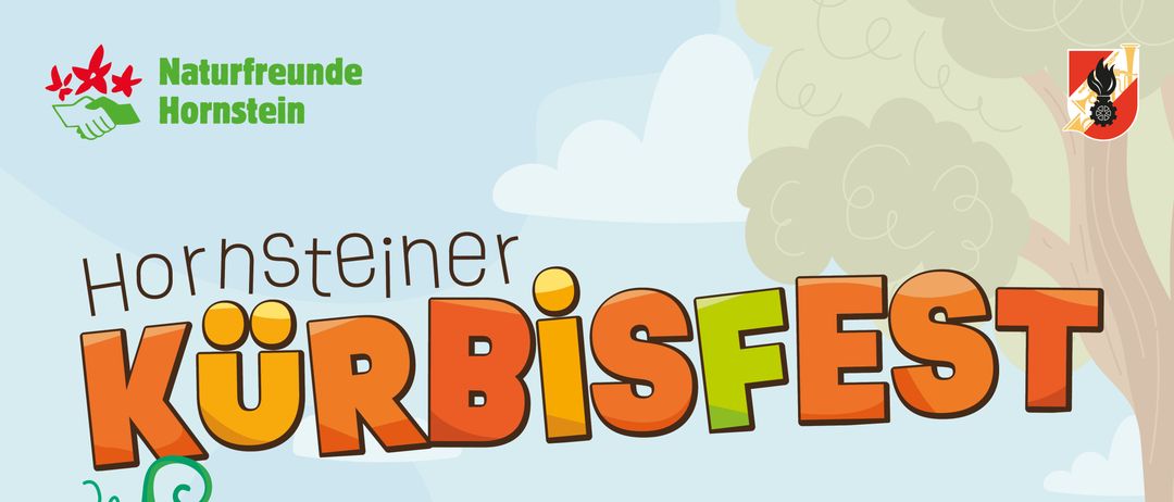 Ein Plakat für das Hornsteiner Kürbisfest am 19. Oktober 2025 von 10 bis 14 Uhr im Föhrenwald Hornstein. Aktivitäten umfassen Kürbiswerfen, Schnitzen und Bemalen.