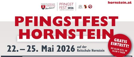 The Hornstein Festival schedule from May 22 to 25, 2026, features events like Bieranstich, TrashBax, Night Fever, and more, all free entry. Events include Kindernachmittag, Music & Live, and others. Each day has different activities.