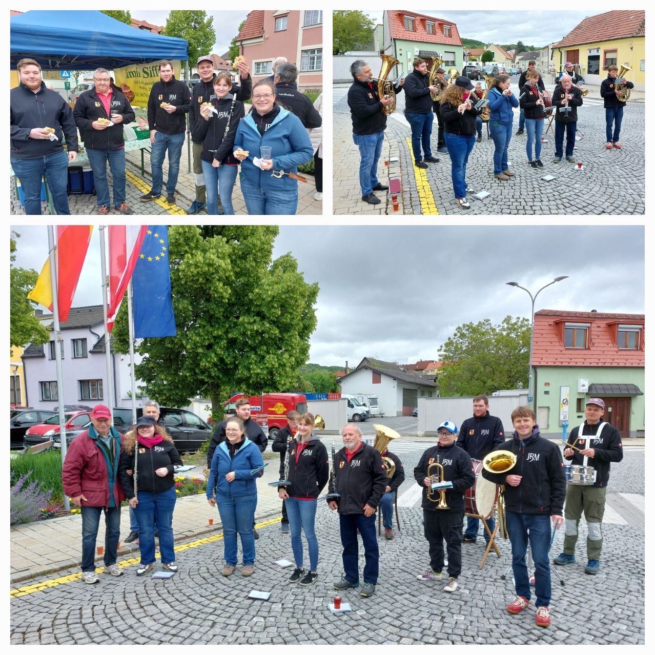 Four images show a brass band performing on the street. The band members are standing in different formations, some holding instruments, others eating. A tent is visible in the first image.