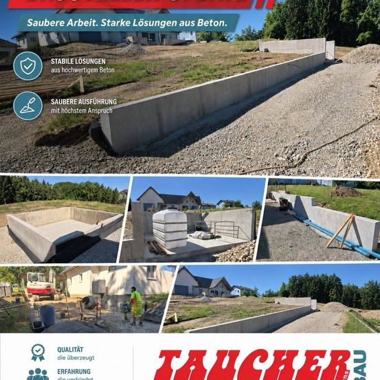 Eine Collage von Baubildern mit Betonwänden, einem Zementmischer und einer Baustelle mit einem Haus im Hintergrund. Der Text hebt stabile Lösungen, saubere Ausführung und Qualität hervor.