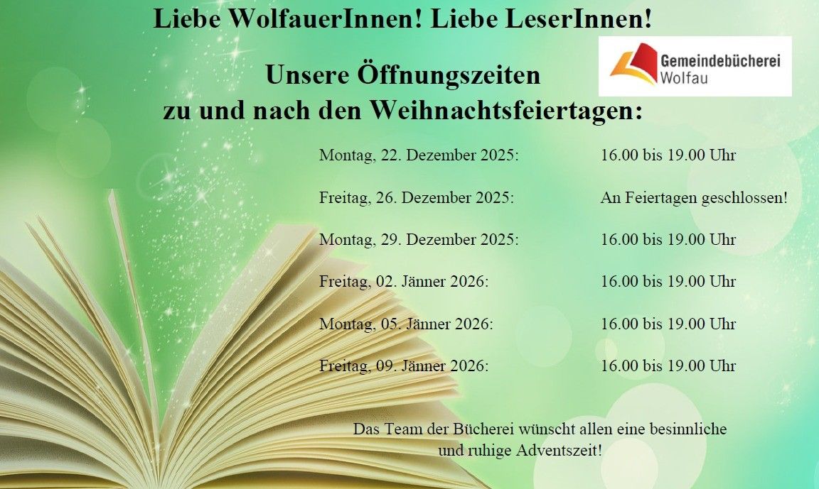 Plakat einer Buchhandlung mit Öffnungszeiten rund um Weihnachten. Beinhaltet Daten und Zeiten für Dezember 2025 und Januar 2026.
