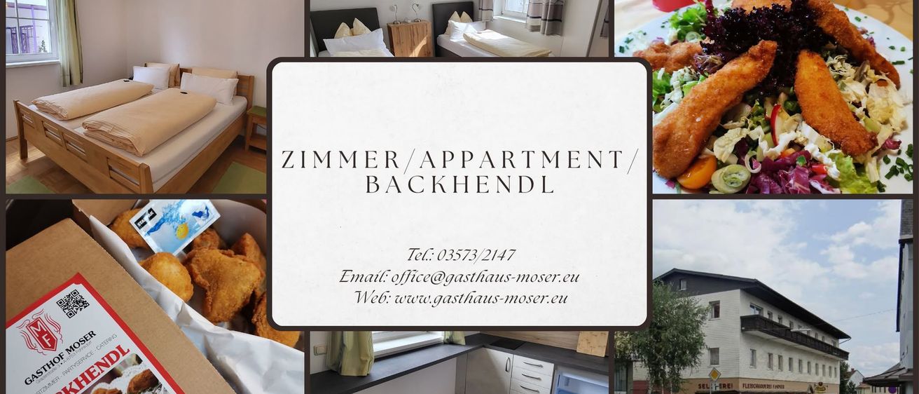 Eine Collage von Bildern, die ein Schlafzimmer, eine Küche, eine Mahlzeit und ein Haus mit Kontaktdaten für Gasthaus Moser zeigt.