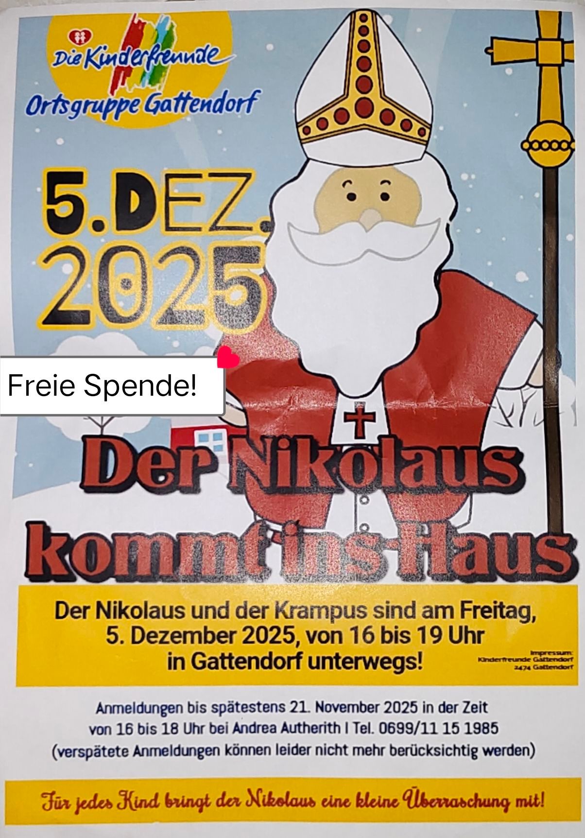 Plakat für Nikolaus' Besuch am 5. Dezember 2025, von 16 bis 19 Uhr in Gattendorf. Mit kostenlosem Geschenk.