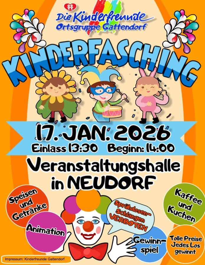 Plakat für Kinderfasching-Veranstaltung am 17. Januar 2026. Einlass um 13:30 Uhr, Beginn um 14:00 Uhr. Veranstaltungsort in Neudorf. Clowns, Essen, Getränke und Preise. Animationen und Überraschungen.