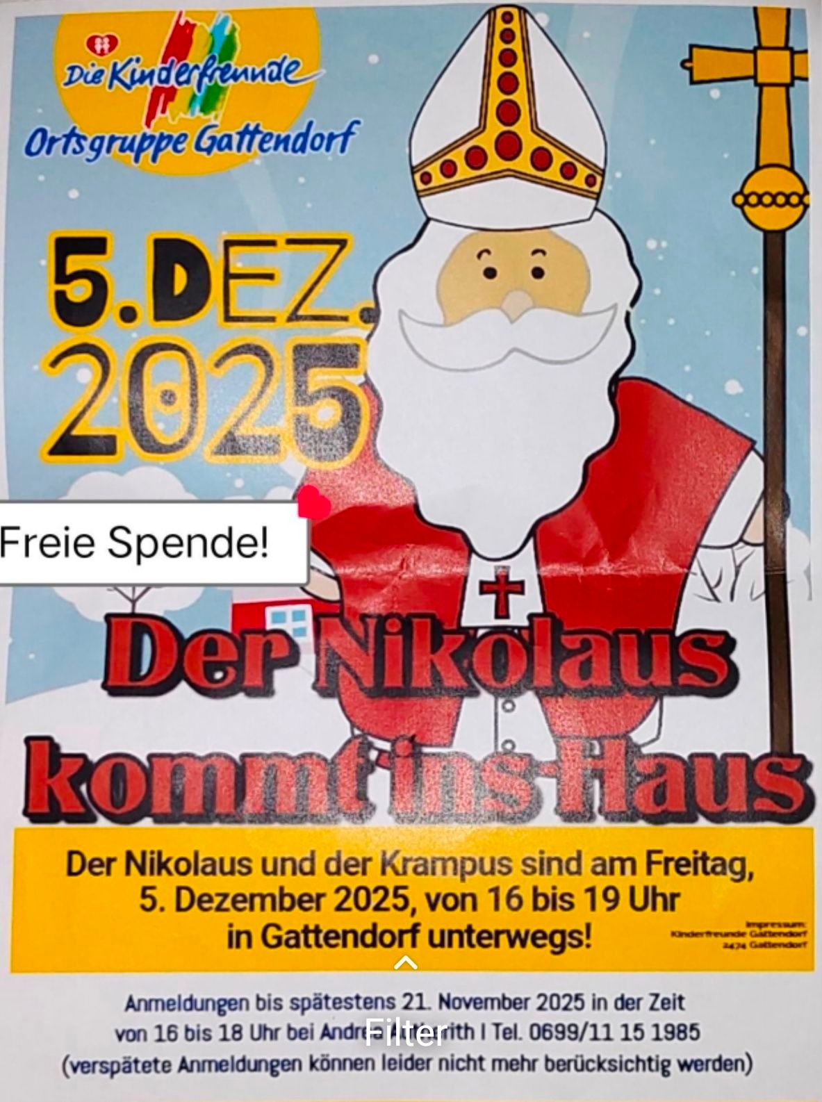 Plakat, das Nikolaus und Krampus am 5. Dezember 2025 von 16 bis 19 Uhr in Gattendorf ankündigt. Es zeigt eine Illustration von Nikolaus mit einem Stab und kostenlosen Geschenken.