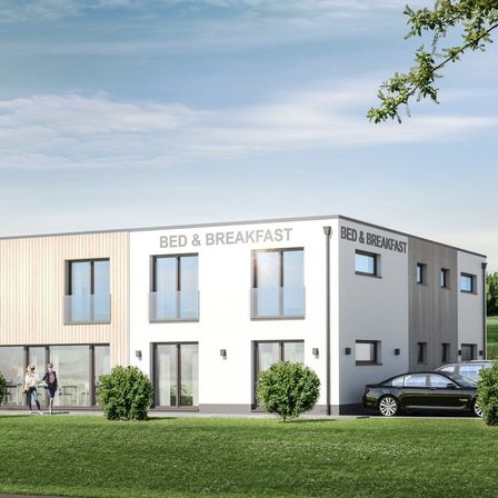 Bild enthält, Grass, Plant, Architecture, Building, Office Building, Lawn, Car, Person, Wheel, Housing