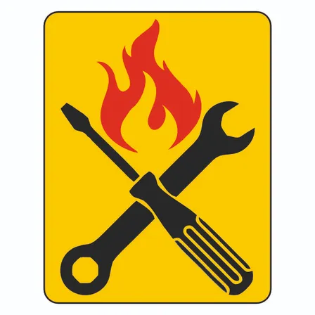 Ein gelbes quadratisches Schild mit gekreuzten Schraubenschlüsseln und einem roten Feuersymbol.