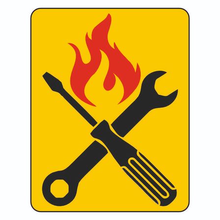 Ein gelbes quadratisches Schild mit gekreuzten Schraubenschlüsseln und einem roten Feuersymbol.