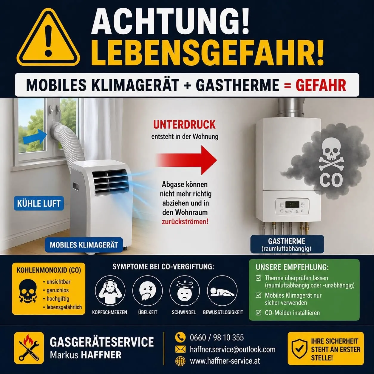 Ein Infografik warnt vor den Gefahren der gleichzeitigen Verwendung eines mobilen Klimageräts und eines Gasheizgeräts. Es zeigt ein mobiles Klimagerät mit einem Schlauch, der zu einem Fenster führt, und ein Gasheizgerät mit Rauch und einem Totenkopfsymbol. Es enthält Symptome einer Kohlenmonoxidvergiftung und Empfehlungen zu deren Verhinderung.