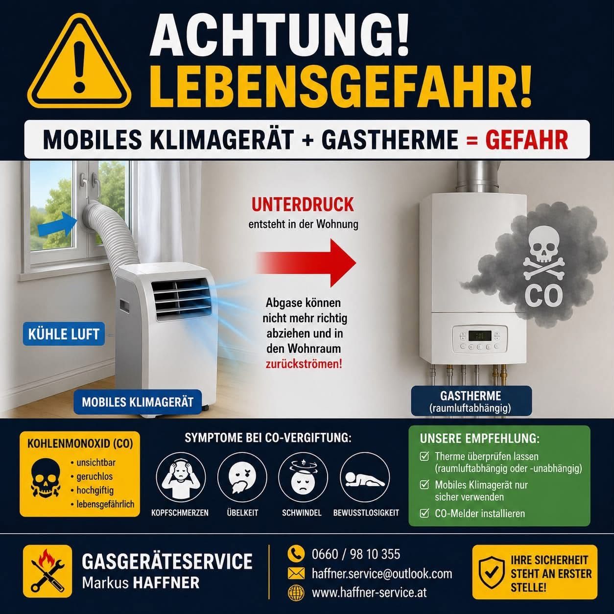 Ein Infografik warnt vor den Gefahren der gleichzeitigen Verwendung eines mobilen Klimageräts und eines Gasheizgeräts. Es zeigt ein mobiles Klimagerät mit einem Schlauch, der zu einem Fenster führt, und ein Gasheizgerät mit Rauch und einem Totenkopfsymbol. Es enthält Symptome einer Kohlenmonoxidvergiftung und Empfehlungen zu deren Verhinderung.
