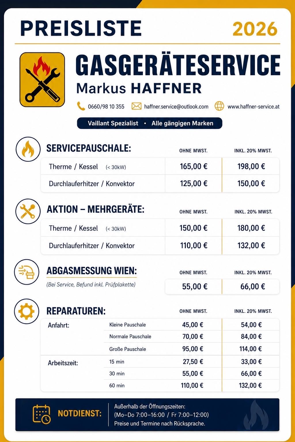 Eine Servicerechnung von Markus Hafner, einem Vaillant-Spezialisten, listet Preise für verschiedene Dienstleistungen auf, einschließlich Wartung von Kesseln/Thermen, Durchlauferhitzern/Konvektoren, Gasmessung in Wien und Reparaturen. Die Preise sind mit und ohne Mehrwertsteuer angegeben.