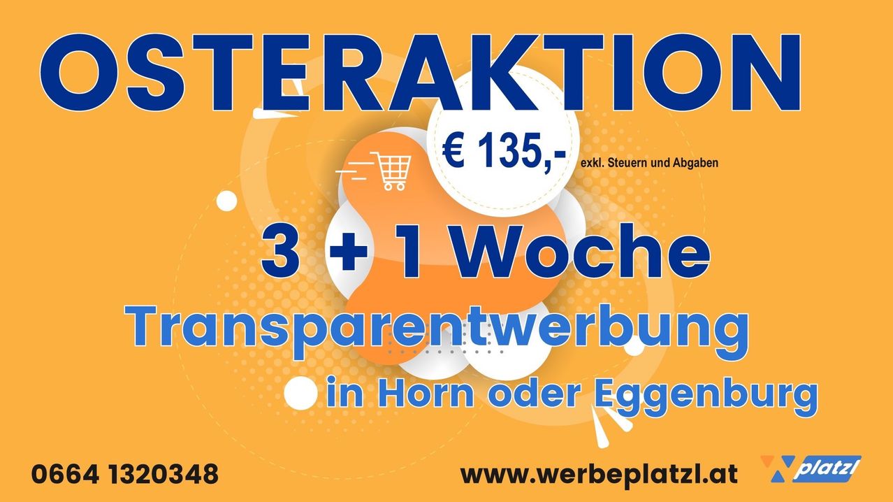 Werbebild für ein Sonderangebot von 3+1 Wochen zu einem reduzierten Preis von 135 Euro, ohne Steuern und Gebühren, mit der Website-Adresse www.werbeplatz18.