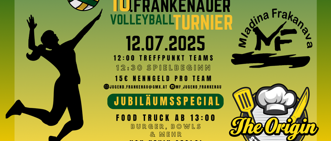 Plakat für das 10. Frankenauer Volleyball-Turnier am 12. Juli 2025. Die Spiele beginnen um 12:00 Uhr, mit einer Gebühr von 15 Euro pro Team. Ein Food Truck bietet Burger, Bowls und mehr ab 13:00 Uhr an. Ausgerichtet von Jugend Frankenau.
