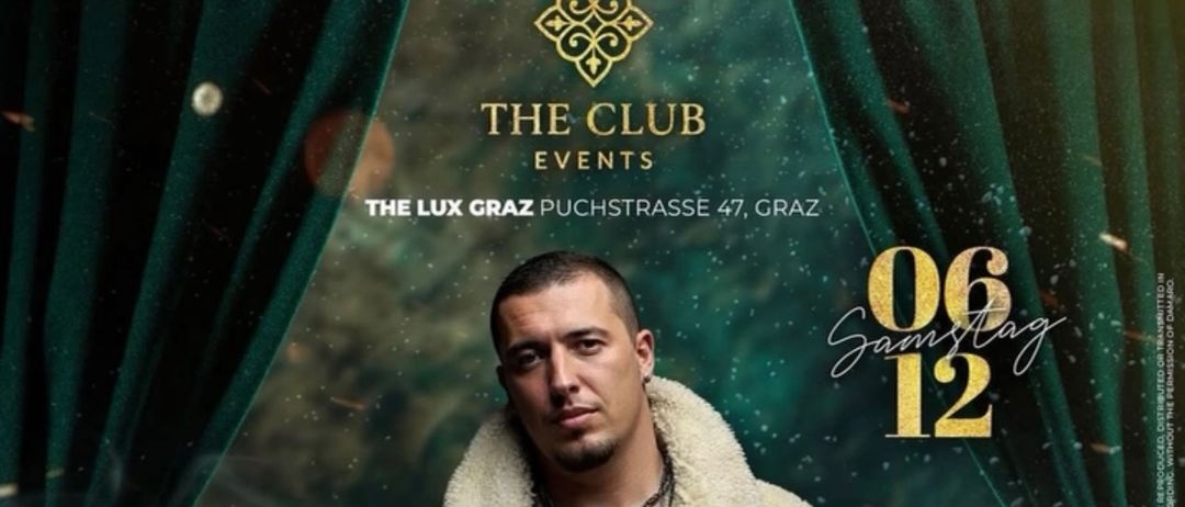 Ein Plakat für The Club Events im The Lux Graz, das einen Mann in einem Pelzmantel zeigt. Die Veranstaltung findet am Samstag, den 6. Dezember statt. Der besondere Gast ist Amar Gile.