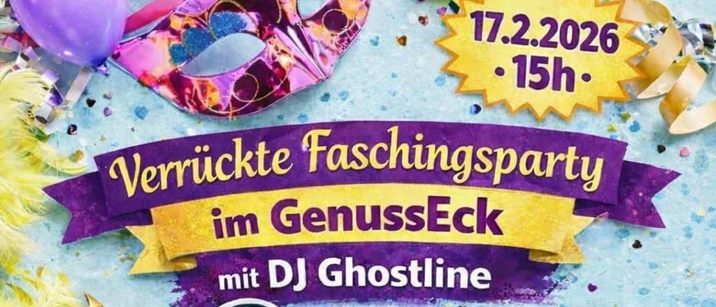 Ein Flyer bewirbt eine Karnevalsparty mit DJ Ghostline. Der Flyer zeigt einen Teller mit einem Fleischbällchensandwich, ein Getränk und einen Imbisswagen mit einer Maske und Kopfhörern. Er hat einen lila und blauen Hintergrund mit Konfetti und Ballons.