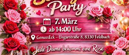 Poster for Schlager Party on March 7th, starting at 2pm. Location: GenussEck, Ungarstrasse 8, 8330 Feldbach. Each lady gets a rose, drinks 3+1 free, and fresh pizzas.