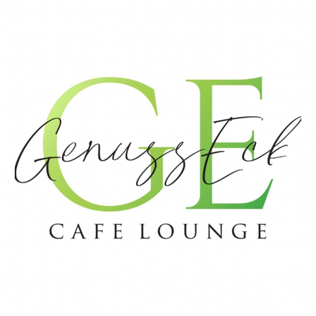 Das Logo für Genuss Eck Cafe Lounge mit grüner und schwarzer Schrift auf weißem Hintergrund.