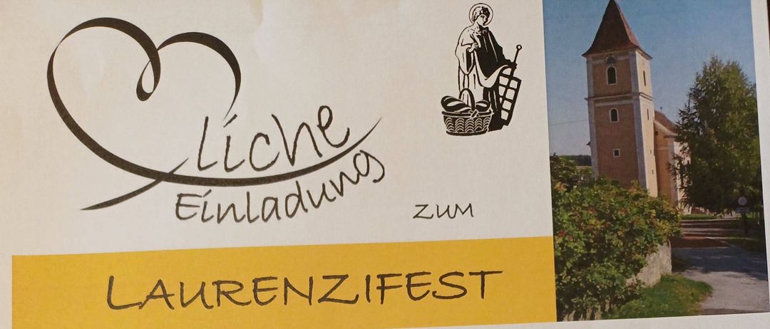 Plakat für das Laurenzfest-Event am 2. August 2026 mit Weinflaschen, Musiknoten und einer Kirche im Hintergrund. Das Event beinhaltet Weinverkostung, Essen und Unterhaltung.