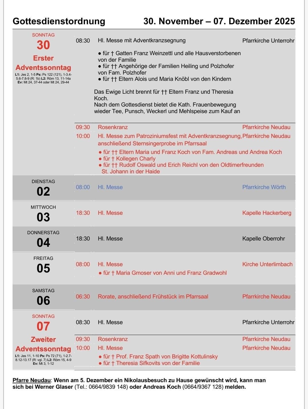 Das Bild zeigt einen Zeitplan für Gottesdienste in der Woche, beginnend mit dem ersten Adventssonntag. Die Gottesdienste umfassen einen Rosenkranz, Messen und eine Messe mit Adventkranz, abschließend mit einem zweiten Adventssonntag.