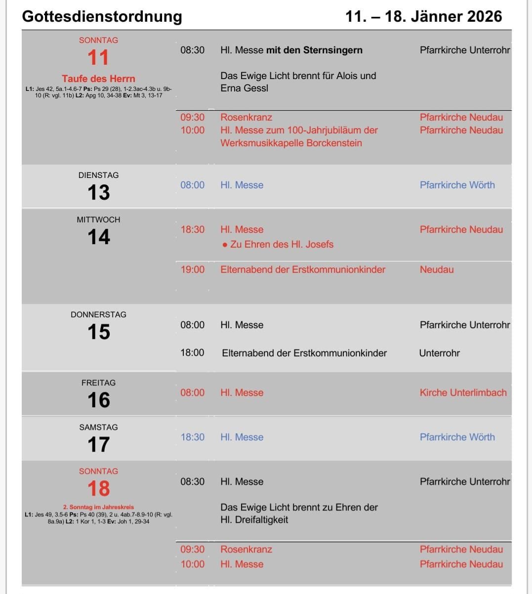 Das Bild enthält einen wöchentlichen Zeitplan für eine Kirche, einschließlich Messzeiten, besonderer Veranstaltungen und Standorte. Jeder Tag hat eine andere Zeit für die Messe, wobei einige Tage besondere Veranstaltungen wie 'Rosenkranz' oder 'Eternaabend der Erstkommunionkinder' beinhalten. Sonntage haben zwei Messen.