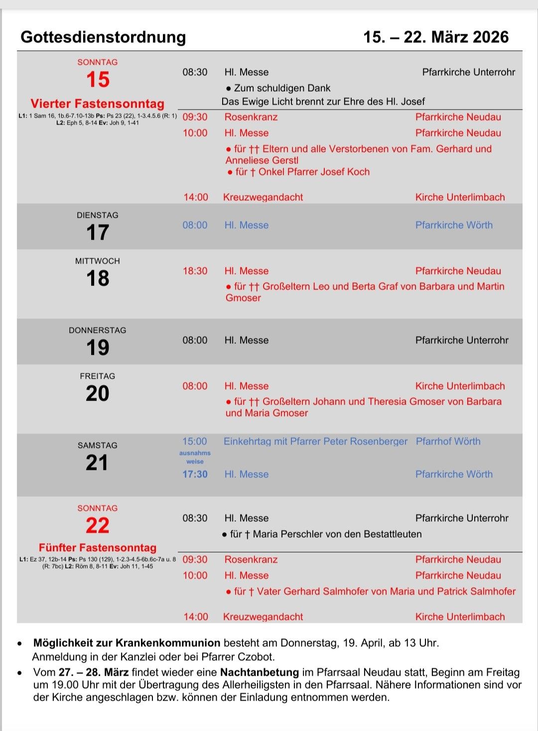 Eine Tabelle mit Kirchendiensten während der vierten Fastenwoche. Daten, Zeiten und Veranstaltungen sind aufgelistet. Der erste Eintrag umfasst eine Sonntagsmesse, und der zweite Eintrag umfasst eine heilige Messe.
