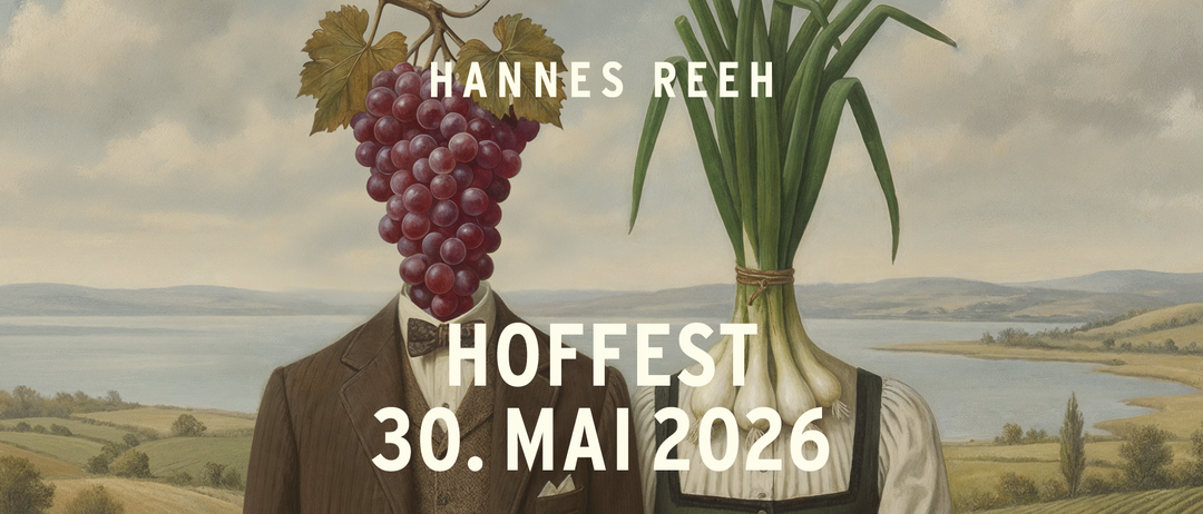 Plakat mit Hannes Reehs Kopf durch Trauben und eine Zwiebel ersetzt. Der Text lautet Hoffest 30. Mai 2026.