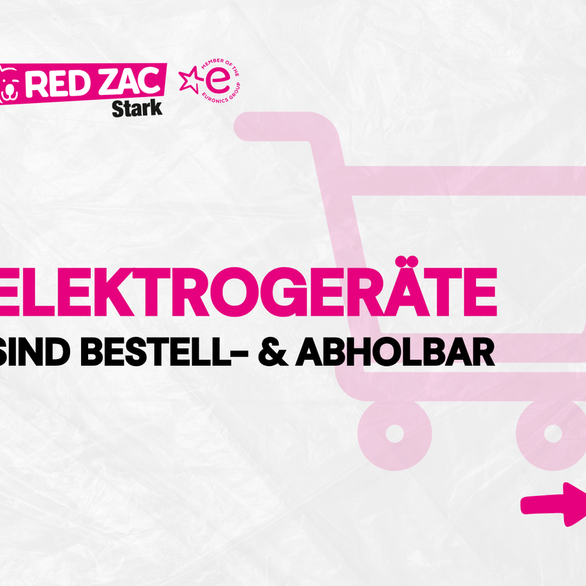 An advertisement for RED ZAC Stark features a shopping cart with the text 'ELECTRODEVICES ARE ORDER & PICKUP BAR'. The cart is pink with a white background.