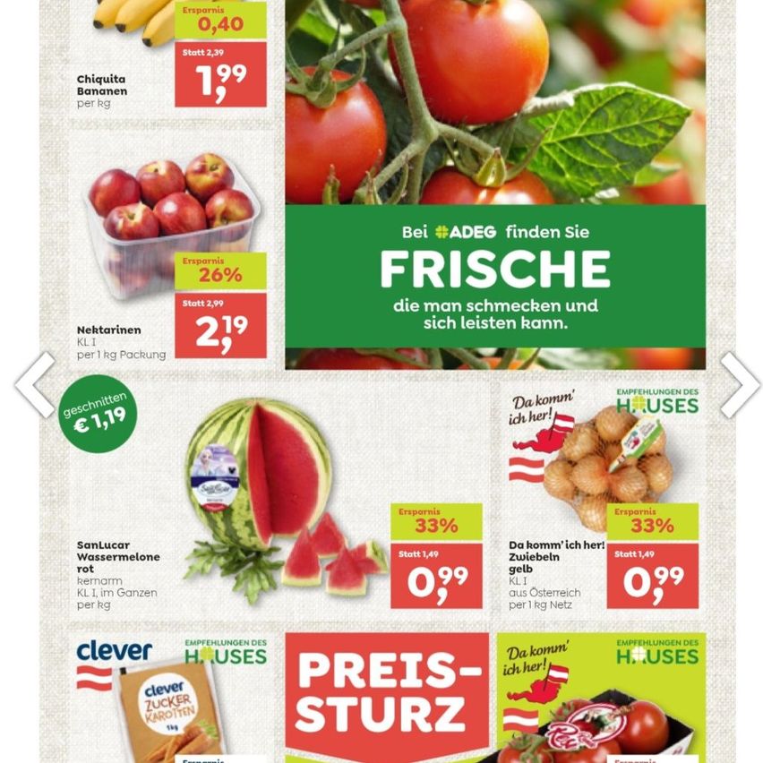Werbeanzeige für frisches Obst und Gemüse mit geschnittener Wassermelone, Tomaten und Zwiebeln mit Preisnachlässen. Preisreduzierungen umfassen 33% auf Wassermelone und Zwiebeln sowie 26% auf Nektarinen. Werbetext betont die Frische und Qualität des Produkts.