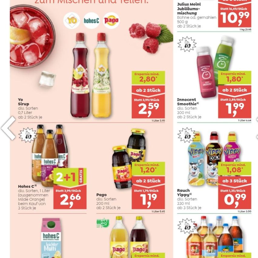 Werbung für Hohes C, Pago und Ersparnis mind Produkte. Beinhaltet Sirupe, Smoothies und Limonaden mit Preisen und Werbeaktionen. Enthält Bilder von Flaschen und Verpackungen. Erhältlich in verschiedenen Geschmacksrichtungen.