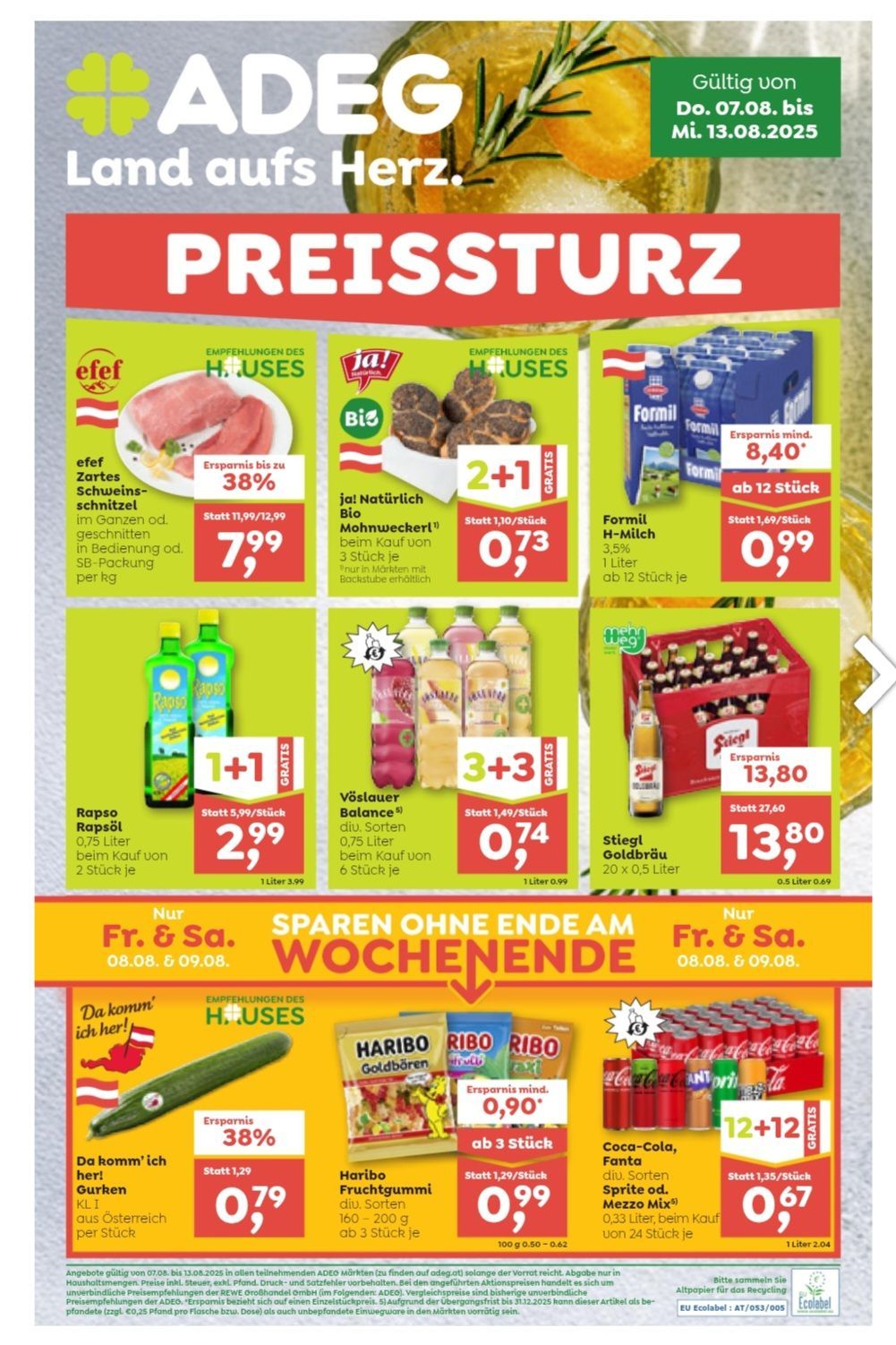 Ein Werbeplakat bewirbt Einsparungen mit Rabatten bis zu 38%. Produkte umfassen Fleisch, Bio-Produkte, Milch und verschiedene Snacks. Sonderangebote für Datteln und Gurken werden ebenfalls hervorgehoben. Preise und Rabatte sind aufgelistet.