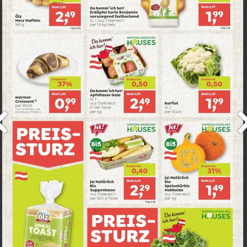 Lebensmittel mit Rabatten. Beinhaltet Herzwaffeln, Würste, Karotten, Kürbis und mehr. Preise sind mit alten und neuen Preisen aufgeführt. Die Rabatte reichen von 31% bis 37%.