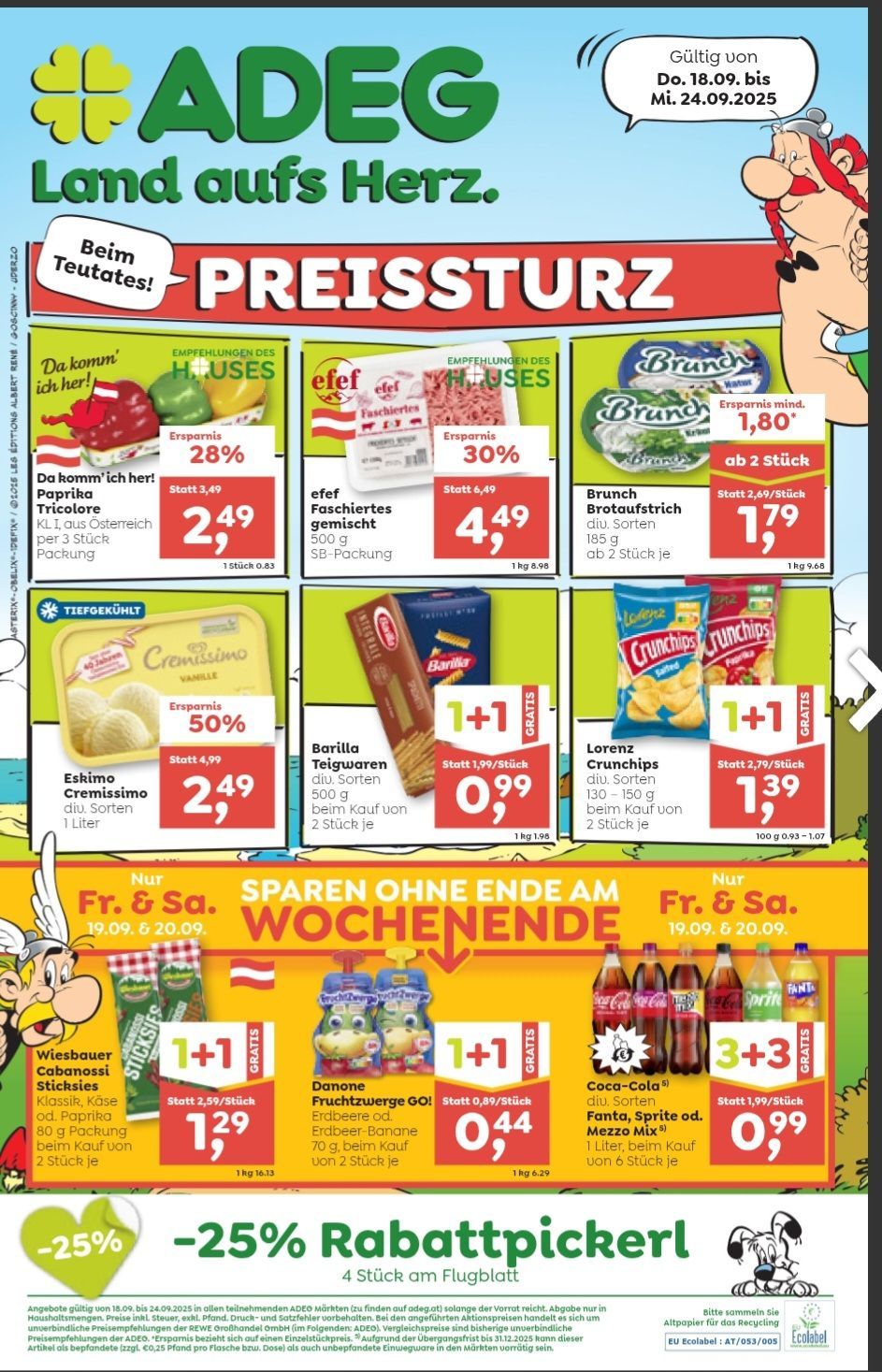 Werbeanzeige für Lebensmittel und Getränke mit Preisreduktionen. Angebote umfassen Rabatte auf Ersparnis, Barilla und Coca-Cola Produkte. Besondere Angebote für das Wochenende mit zusätzlichen Rabatten.
