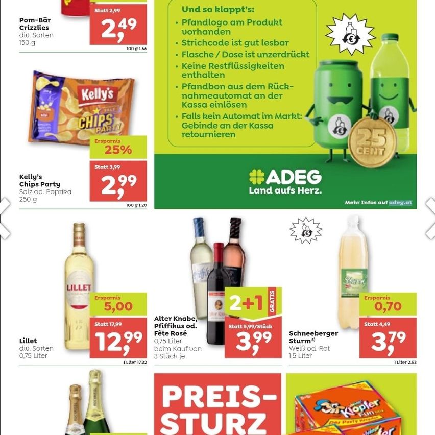 Werbeanzeige für Pom-Bar Crizlies und Kelly's Chips Party mit Preisnachlässen und Sonderangeboten. Zusätzlich gibt es einen Bereich für Schneenberger Wein mit Aktion 'Kauf zwei, zahl eins'.